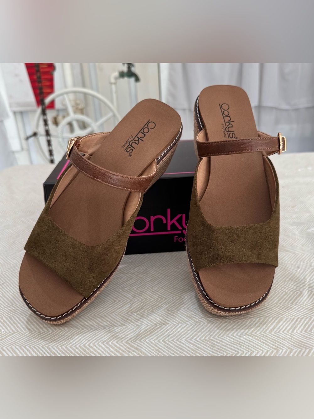 Corkys Olive Suede Slide Sandals with Brown Strap - Style; Treat Yourself